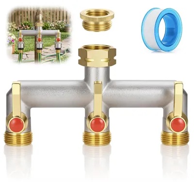 Productafbeelding van 3-weg waterverdeler van messing met verlengde handgreep, adapter van 1/2 inch naar 3/4 inch