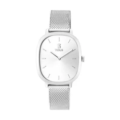 A silver TOUS watch with a mesh band, shown against a white background.