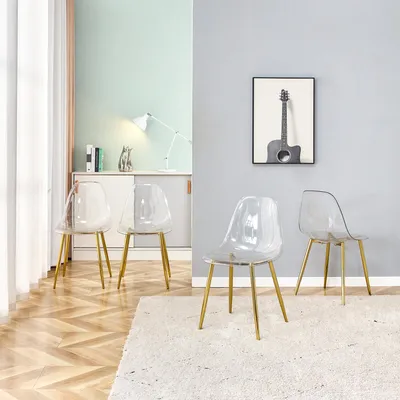 Produktbild von STILVORA Kunststoffstuhl mit ergonomischer Sitzfläche und glatter Oberfläche, Metallstuhl mit stabiler Tragkonstruktion und rutschfesten Füßen, Transparenter Stuhl mit goldfarbenen Beinen, 4er-Set, Transparent
