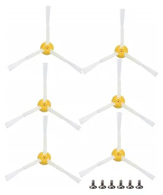 A set of replacement brushes and screws for a robot vacuum cleaner, arranged on a white background.