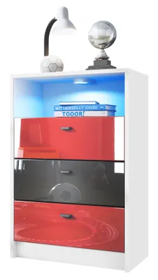 Produktbild von Vladon Kommode Pino V2 Fußball Bundesliga Fanartikel z. B. Freiburg,  Germany, Kinderzimmer Anrichte in Weiß matt mit 3 Schubladen in Rot, Schwarz & Rot Hochglanz inkl. LED (56 x 86,5 x 36 cm)