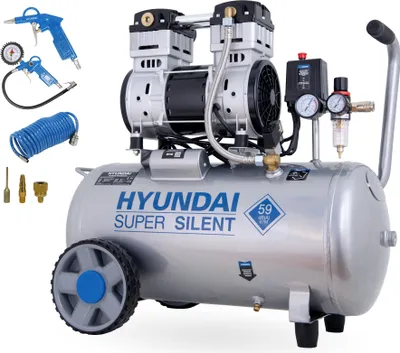 A Hyundai air compressor and accessories are displayed against a white background.