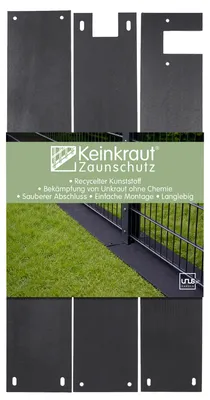 Produktbild von UNUS Keinkraut® Zaunschutz Unkrautschutz aus recyceltem Kunststoff schwarz für die Zaunecke 15x89 cm
