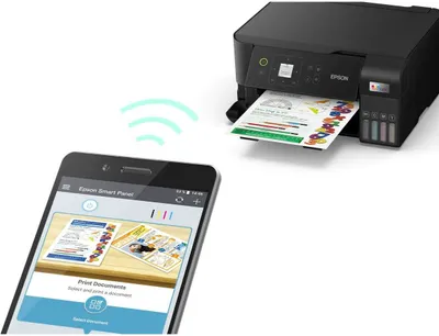 A smartphone is shown connected to an Epson printer, indicating wireless printing capabilities.