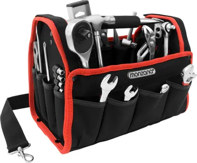 Produktbild von MONZANA® Werkzeugtasche L 33cm mit verstellbarem Schultergurt stabile Tragestange 8 Innen und 13 Außentaschen Montagetasche Werkzeugbox Werkzeugkasten