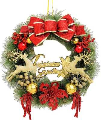 Produktbild von Weihnachtskranz für die Haustür, künstlicher Tannennadelkranz mit Kugeln, Schleifen, Blumen, „Frohe Weihnachten“, hängende Dekoration für Zuhause, Wand, Fenster, Veranda, Innen- und Außendekoration