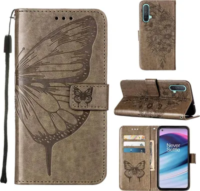 Produktbild von OnePlus Nord CE 5G Hülle, Schmetterling Prägung Flip Leder Kartenfächer Schutzhülle Ledertasche mit Ständer für OnePlus Nord CE 5G Grau