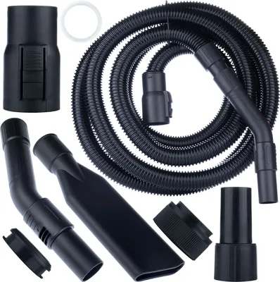 A collection of vacuum cleaner accessories, including a hose, various nozzles, and adapters, laid out on a white background.