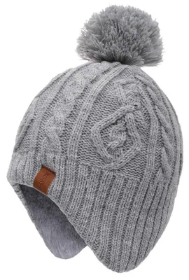 Immagine prodotto di Berretto invernale per bambini, modello beanie con pompon e paraorecchie, colore grigio, taglia 51 cm