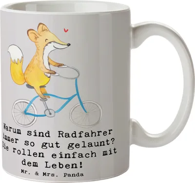 Produktbild von Mr. & Mrs. Panda Tasse Radsport Glück - Grau Pastell - Geschenk, Sportler, Becher, Geschenke, Kaffeetasse, Lebensfreude, Pott, Teamsport, Bedruckte, Pedale, Teetasse