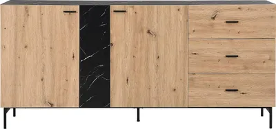 Produktbild von Kommode mit 2 abschließbaren Fächern und 3 Schubladen aus MDF und Metall - Natürliches Licht und schwarzer Marmoreffekt - LIOMENA by Pascal Morabito