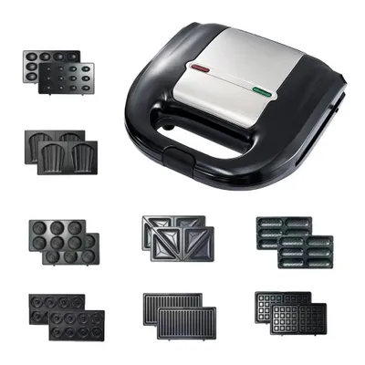A collage of a black and silver sandwich maker with various interchangeable cooking plates.