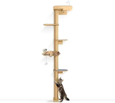 Immagine prodotto di Unyqoos® Albero per gatti da montare a parete, 210 cm – pali e piattaforme regolabili, realizzati in legno e sisal, con rivestimenti in feltro grigio antiscivolo