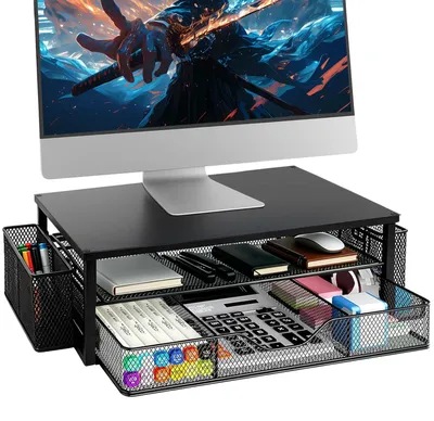 Monitorständer mit Schublade, Monitorerhöhung für Bildschirm und Laptop, schwarz