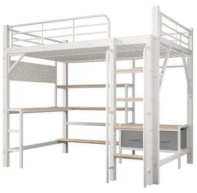 Produktbild von Flieks Etagenbett 140x200cm mit Led, Hochbett mit Schreibtisch und Ablagen, Kinderbett Jugendbett mit USB und Schubladen, Metallbett Weiß