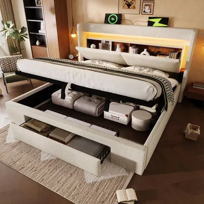 Immagine prodotto di Letto imbottito 160x200 cm con vano contenitore idraulico, testiera con vano portaoggetti, illuminazione a LED, porta USB e USB-C, lino, beige, senza materasso