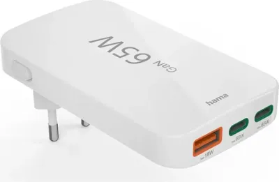 Produktbild von Hama flaches Mini-Ladegerät 65W 2xUSB-C/1xUSB-A, weiß 201976