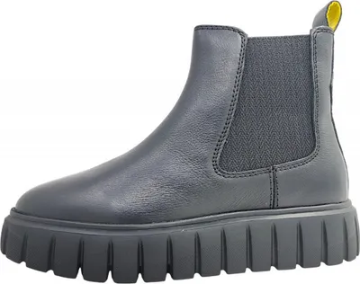 A black leather Chelsea boot with a thick sole is shown against a white background.