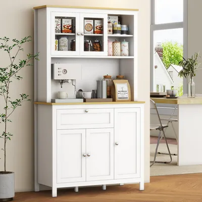 Produktbild von Sweiko Küchenschrank im Landhausstil, 1 Vitrine, 1 offenes Regal, 1 Schublade, 2 Schränke, Natur + Weiß
