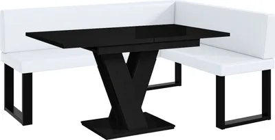 Produktbild von MEBLINI Eckbank für Esszimmer mit ausziehbarem Tisch  - Küchenbank - Essecke - Sitzecke Küche - TONI - U-Beine 128x168x87cm Rechts - Weiß Kunstleder/M Schwarz Hochgl.