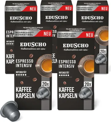 Immagine prodotto di Scatola per capsule di caffè Tchibo Eduscho Espresso Intensive, 100 capsule (5 x 20 capsule di caffè), compatibile con Nespresso, tostatura scura, forte e piena di carattere, sostenibile ed equamente commercializzata