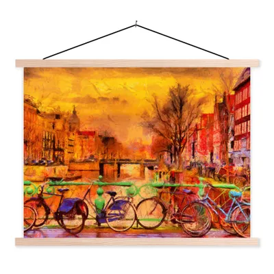 Produktbild von MuchoWow® Textilposter Gemälde - Fahrrad - Amsterdam - Gracht - Öl 60x45 cm mit holzfarbenen Rahmen - Bild