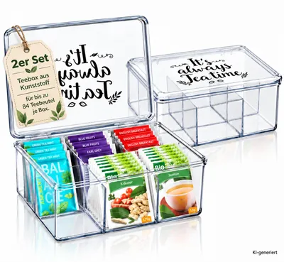 Produktbild von 2er Set Teebox mit 6 Fächern für bis zu 84 Teebeutel – Transparente Teebeutelbox aus Kunststoff mit Klappdeckel, Tee Organizer 21,5 x 15 x 9 cm