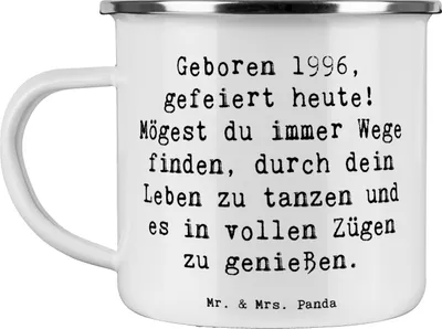 Produktbild von Mr. & Mrs. Panda Haferl Spruch 1996 Geburtstag - Weiß - Geschenk, Pott, Jubiläum, Teetasse, Emaille Tasse, Teebecher, Abenteuer, Alter, besondere Anlässe, Glückwunsch