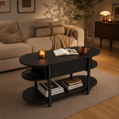 Obrázek produktu pro UnboxG, výškově nastavitelný konferenční stolek, 106 cm, oválný design, s úložným prostorem a odkládacími plochami, černá barva, kovové nohy, vhodný do obývacího pokoje