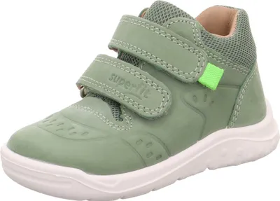 A single green child's shoe is shown against a white background.