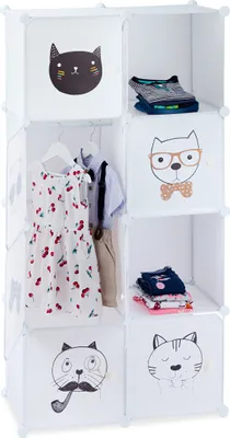 Produktbild von Relaxdays Steckregal Kinderzimmer, Katzen Motiv, 7 Fächer, Kleiderstange, Kleiderschrank HxBxT: 145 x 74 x 36,5 cm, weiß