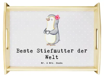 Produktbild von Mr. & Mrs. Panda Tablett Pinguin Beste Stiefmutter der Welt - Grau Pastell - Geschenk, Muttertag, Servierplatte Holz, Mutter, Mama, sofatablett, Danke, Deko, Geschenkidee
