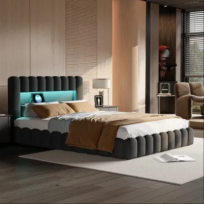 Produktbild von CDGlobal Polsterbett 140x200 cm, Einzelbett mit Stauraum und Lattenrost, LED Kopfteil mit USB Ladefunktion,Stauraumbett Funktionsbetten Rückenlehne Bettgestell, Baumwolle (Grau, 140x200 cm)