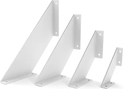 Four white shelf brackets of varying sizes are arranged diagonally against a white background.