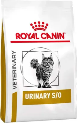 A bag of Royal Canin Veterinary Urinary S/O cat food.