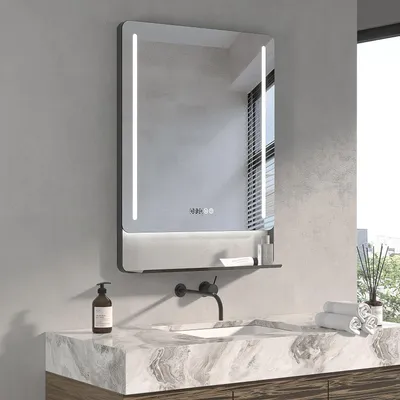 Produktbild von LED Wandspiegel Hängespiegel 60 x 80 cm Spiegel mit Ablage mattschwarzer Aluminiumrahmen Beleuchtung Dimmbar Badezimmerspiegel Badspiegel