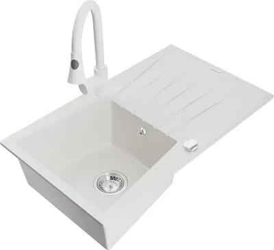 Produktbild von Mexen Cesar 1 Becken-Granitspüle mit Abtropffläche und Mischbatterie Elia, Weiß - 6514-20-670101-20