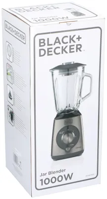 The image shows the retail packaging for a Black+Decker jar blender.