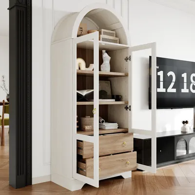 Obrázek produktu pro MODFU Úložná skříň s prohnutým designem, kuchyňská skříň se skleněnými dvířky, vitrína s 2 zásuvkami a úložným prostorem, bílá, 76x40x180 cm