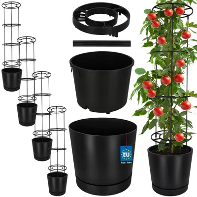 Productafbeelding van KOTARBAU® Set van 4 plantenpotten voor tomaten, diameter 39 cm. Bloempot met klimhulp voor klimplanten. Tomatenkweker 141 cm. Duurzaam en stevig kunststof, antracietkleurig