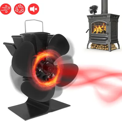 Obrázok produktu pre XINZI 4-lopatkový ventilátor do krbu, bezdrôtový ventilátor pre krbové kachle na drevo, tichá prevádzka, ventilátor do krbových kachlí na drevo / krbu, čierny