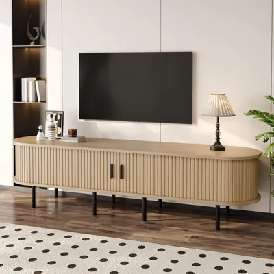 Obrázek produktu pro MODFU Oválný TV stolek v přírodním dekoru se 2 otevřenými přihrádkami, mediální komoda do obývacího pokoje s posuvnými dvířky a kovovými nohami
