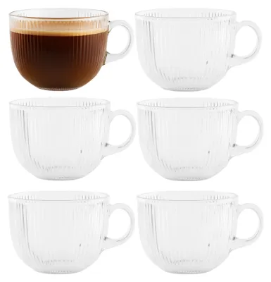 Zdjęcie produktu dla 6x Szklany kubek z uchwytem 500ml - Duży szklany kubek do herbaty/kawy - Można myć w zmywarce, można używać w kuchence mikrofalowej, rowkowana konstrukcja
