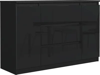 A black high-gloss sideboard with three drawers and two doors.