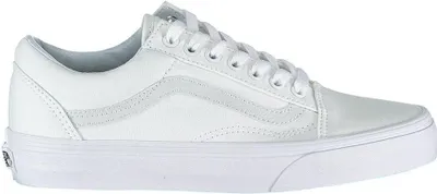 A side view of a white Vans Old Skool low-top sneaker against a white background.