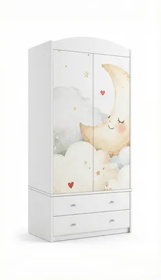 Image de Armoire pour enfants avec un motif ravissant – Armoire à 2 portes pour chambre d'enfant avec 2 tiroirs, tringle à vêtements et étagères, blanche (88 x 187 x 54 cm)