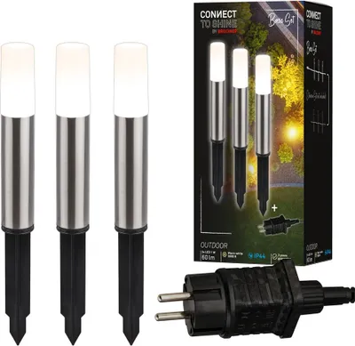 A product shot of three LED pathway lights and their packaging, along with a power plug.