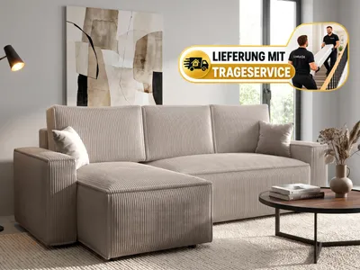 Produktbild von Ecksofa, Ecksofa mit Schlaffunktion, Eckcouch mit Bettkasten links-rechts CORD Stoff (Beige) - AMRO