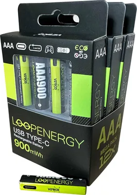 A mega pack of VERICO Loop Energy AAA rechargeable batteries in their packaging.