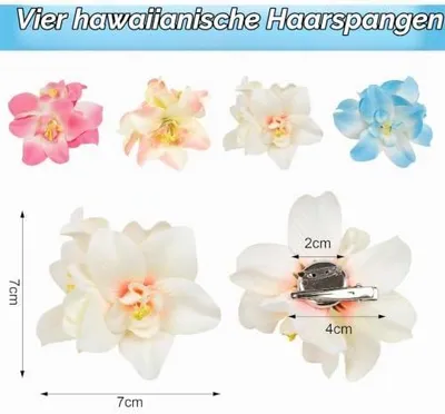 Produktbild von 4 Hawaii-Blumen-Haarspangen als Haarschmuck, Blumen-Haarklammern in Blau, Rosa, Rot, Pink und Weiß